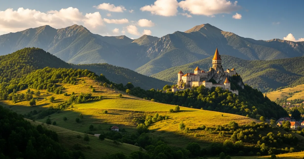 Panoramic view of a Wallachian landscape with a medieval castle and Carpathian Mountains