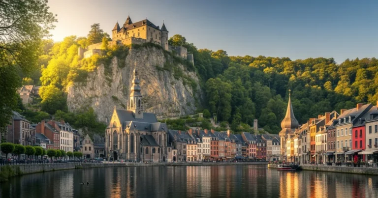 Wallonia (Belgium) 4 Panoramic view of Dinant, Wallonia featuring the Citadel and Collegiate Church along the Meuse River