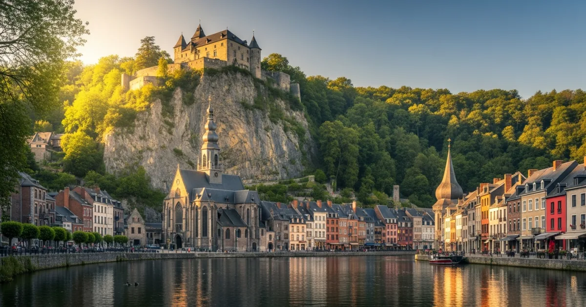 Panoramic view of Dinant, Wallonia featuring the Citadel and Collegiate Church along the Meuse River