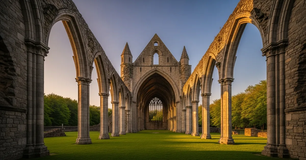 The historic ruins of Villers Abbey in Walloon Brabant bathed in golden hour sunlight