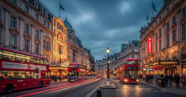 West End 3 Illuminated theatre marquees and red double-decker buses in London's West End at twilight