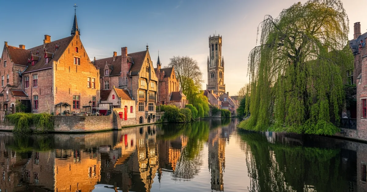 Scenic view of the Rozenhoedkaai canal in Bruges, West Flanders at sunset