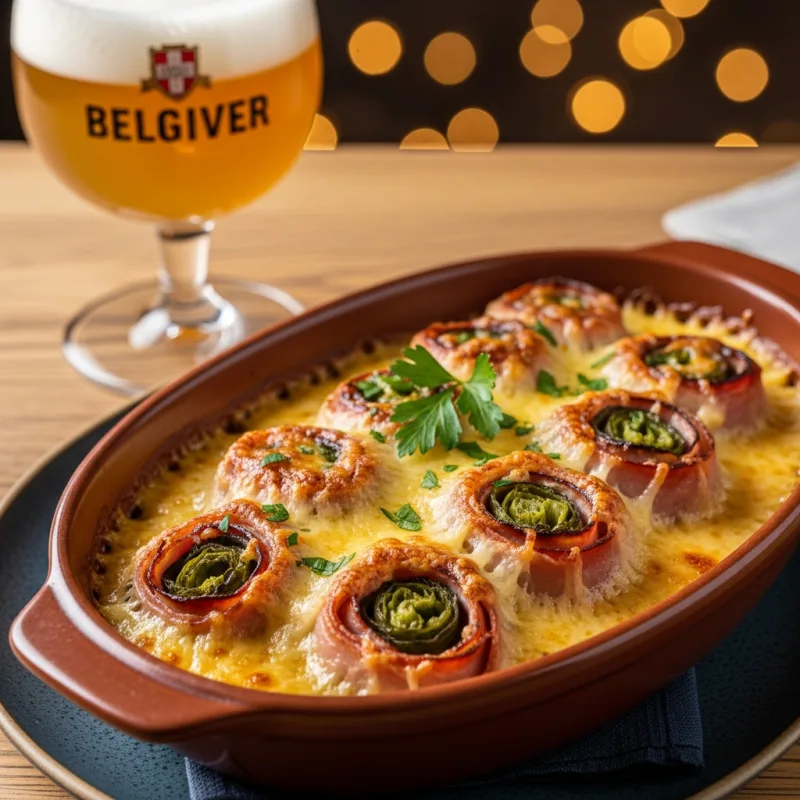 Witloofrolletjes baked in cheese sauce