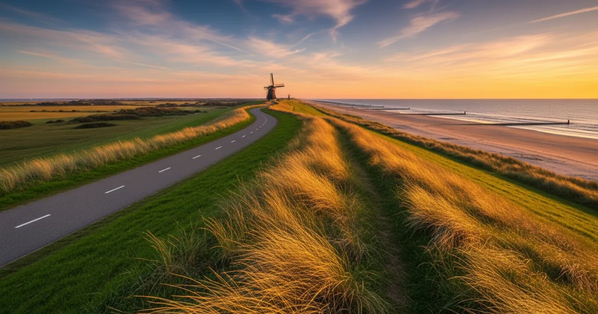Scenic coastal landscape of Zeelandic Flanders with a dyke, beach, and windmill at sunset