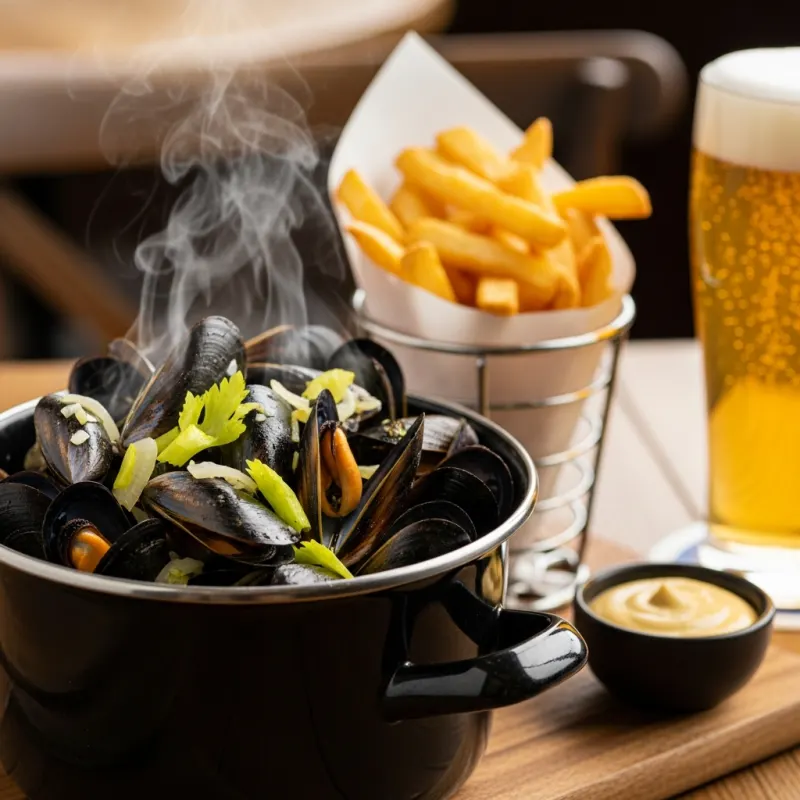 A traditional pot of Zeeland mussels served with fries and beer