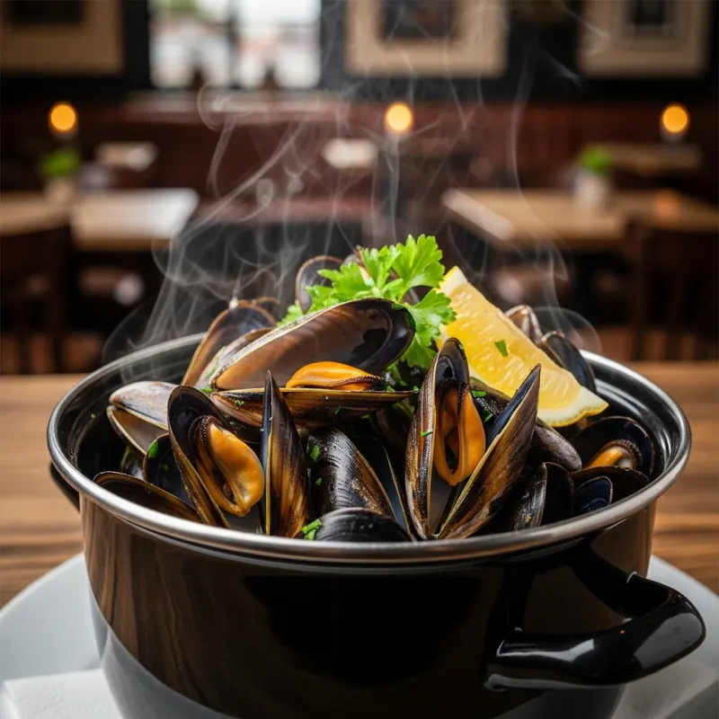 A pot of steaming Zeeland mussels with lemon and parsley