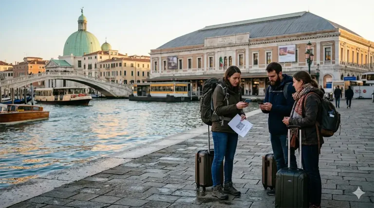 Venice Access Fee 2026: Who Pays, Who Is Exempt, and How to Avoid Problems 16 Tourists verifying digital QR codes for the Venice access fee 2026 near Santa Lucia station