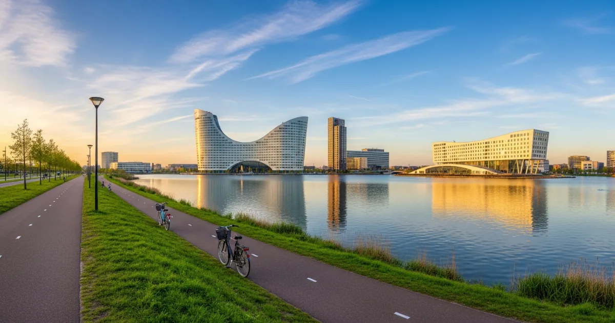 Modern skyline of Almere reflecting on the Weerwater lake at sunset