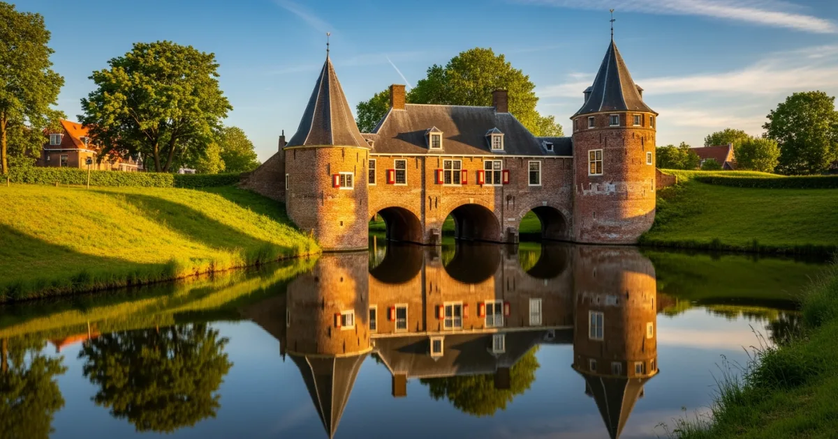 The medieval Koppelpoort gate over a canal in Amersfoort during golden hour