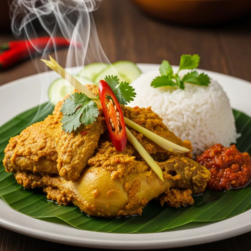 Ayam Betutu traditional Balinese chicken dish on a banana leaf