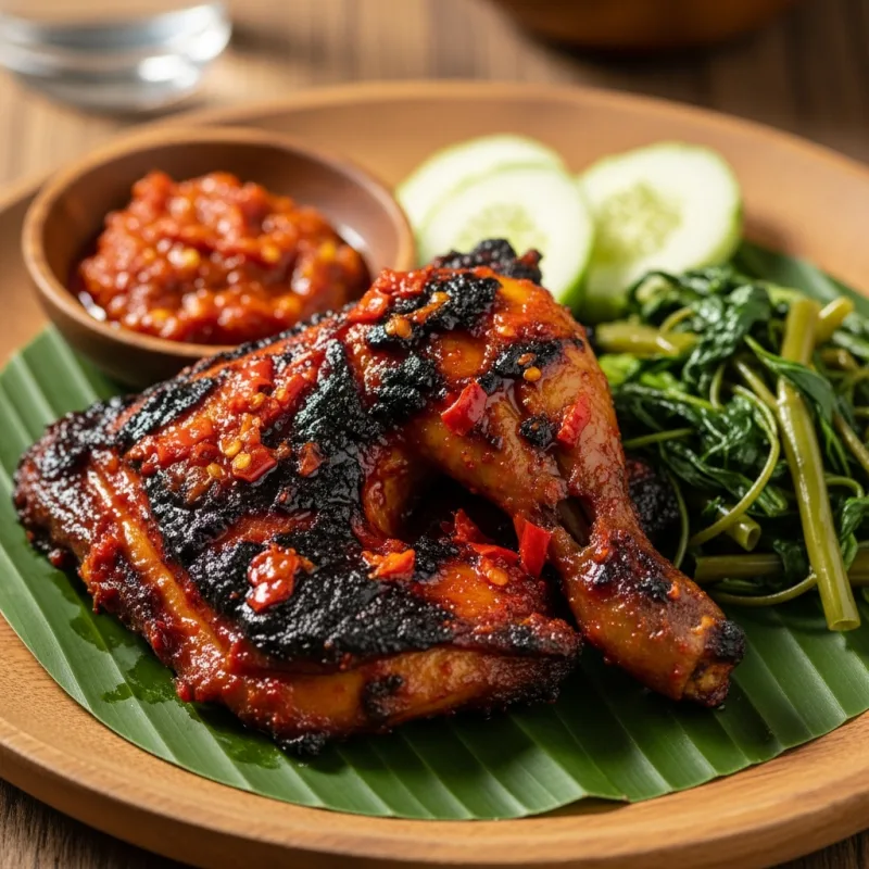 Ayam Taliwang spicy grilled chicken on a banana leaf