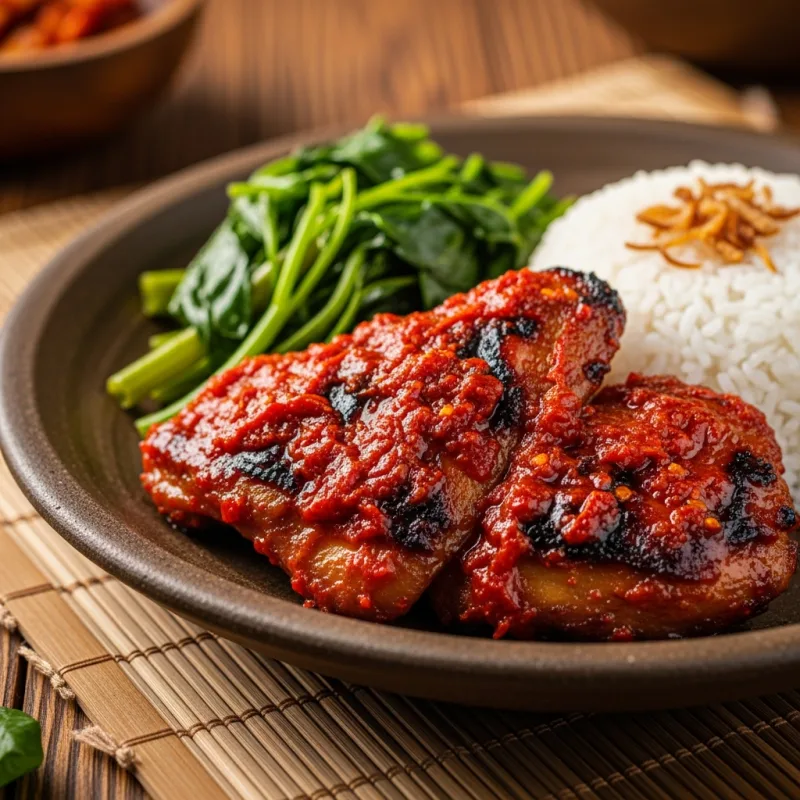 Ayam Taliwang spicy grilled chicken with rice and water spinach
