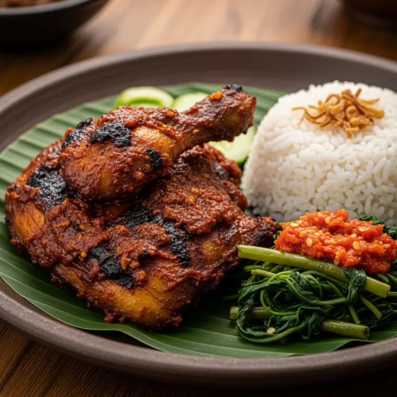 Ayam Taliwang grilled chicken with spicy sauce and water spinach