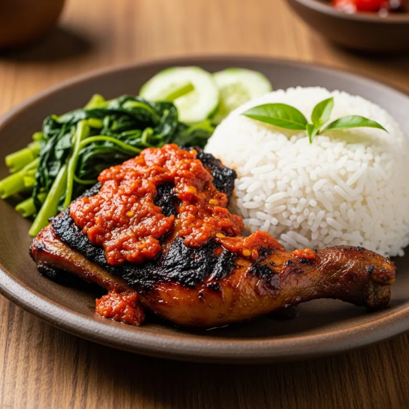 Ayam Taliwang spicy grilled chicken with water spinach and rice