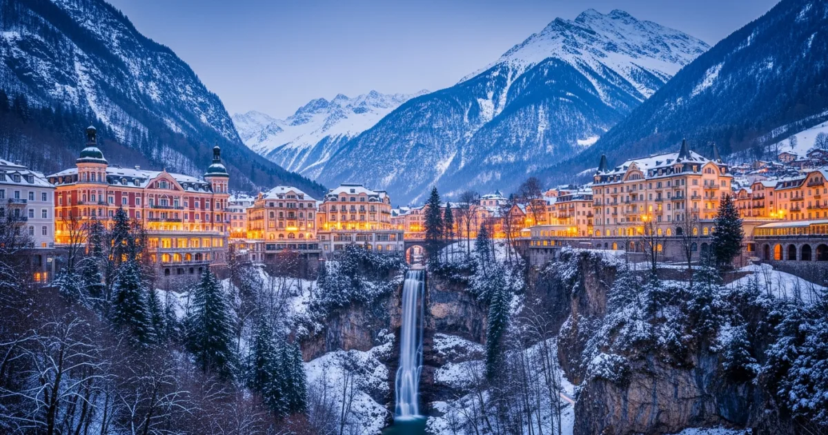 Wide-angle view of Bad Gastein in winter with Belle Époque architecture and the central waterfall