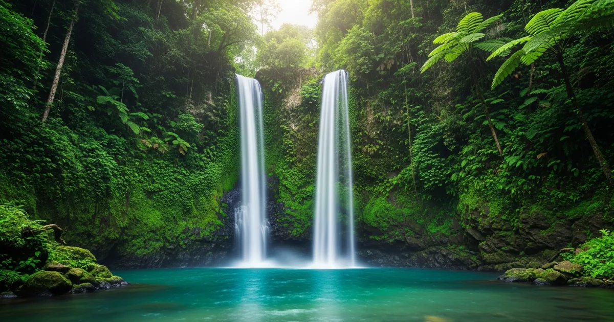 Banyumala Twin Waterfalls cascading into a natural pool in the Bali jungle