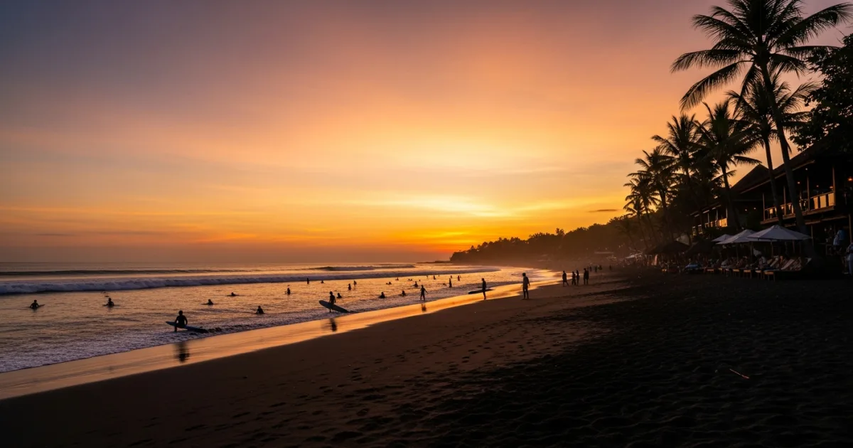 Sunset view over Batu Bolong Beach in Canggu with surfers in the water