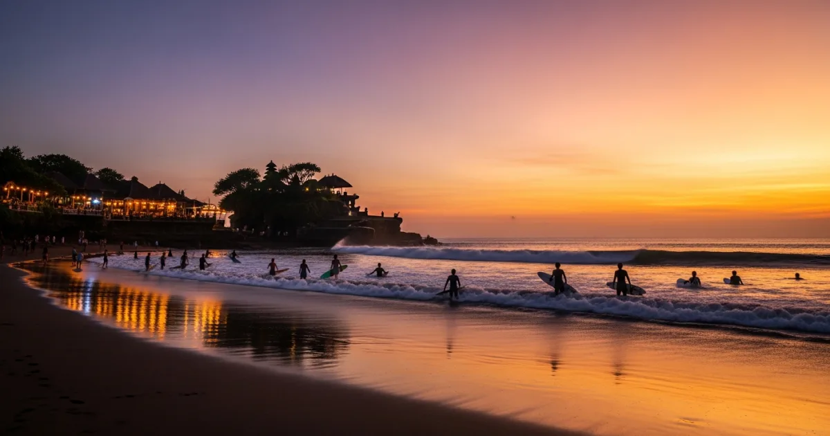 Sunset over Batu Bolong Beach in Canggu with surfers in the water