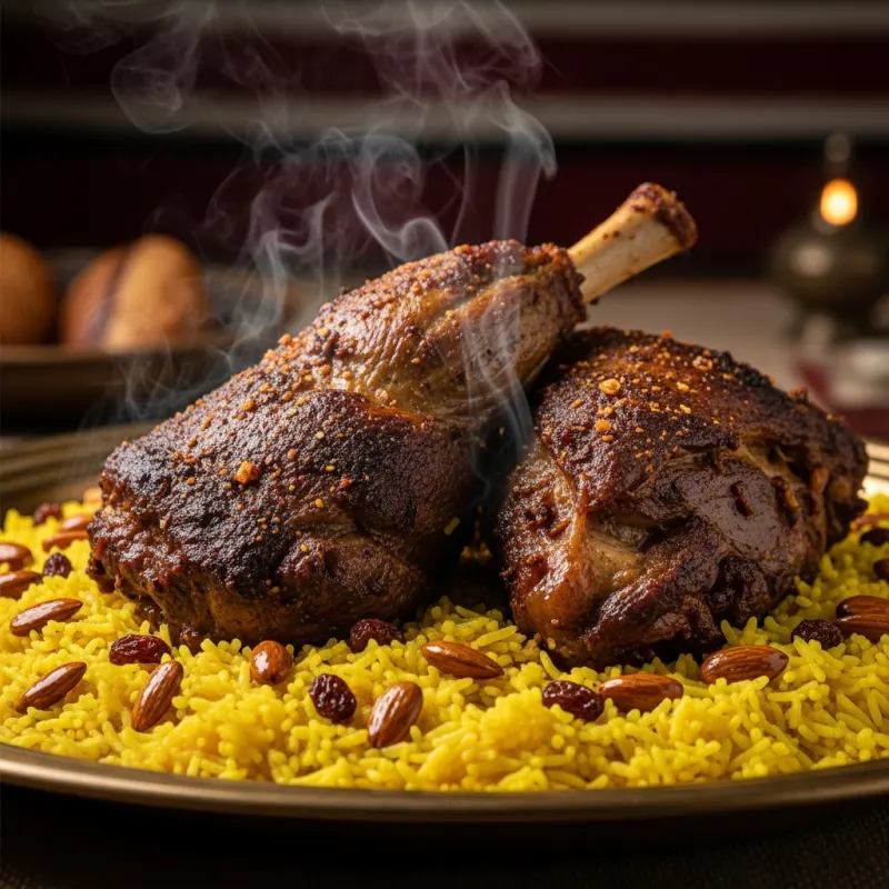 A platter of Bedouin Zarb featuring slow-roasted lamb over spiced rice
