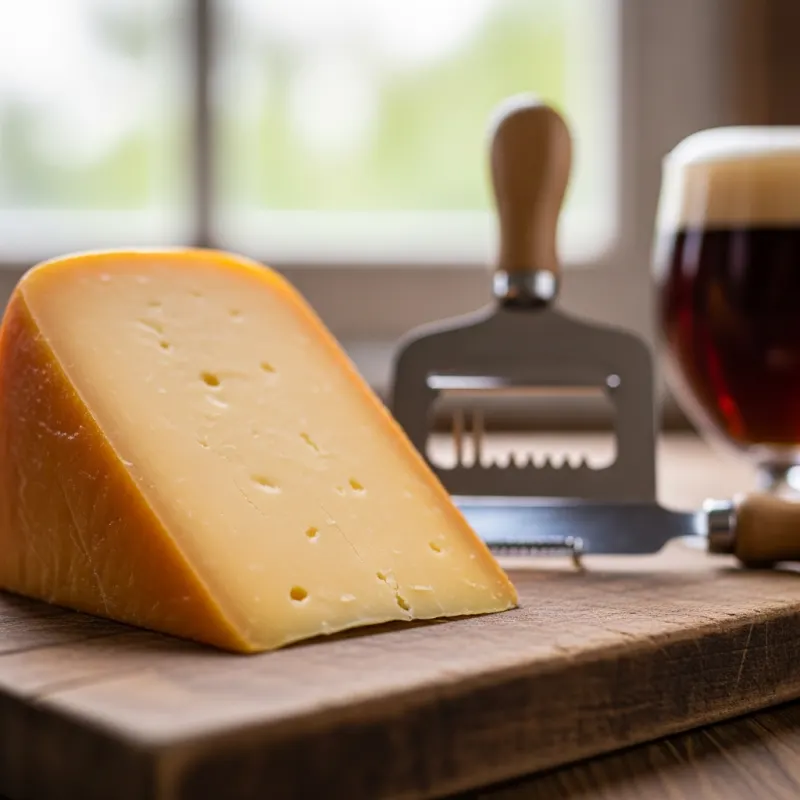 A wedge of aged Gouda cheese on a wooden board