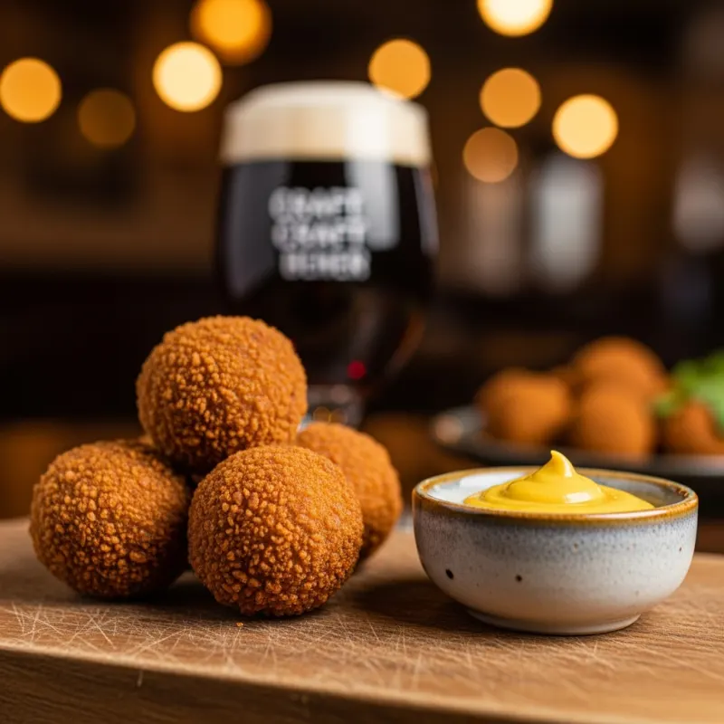 A portion of crispy Bitterballen with mustard and a glass of beer