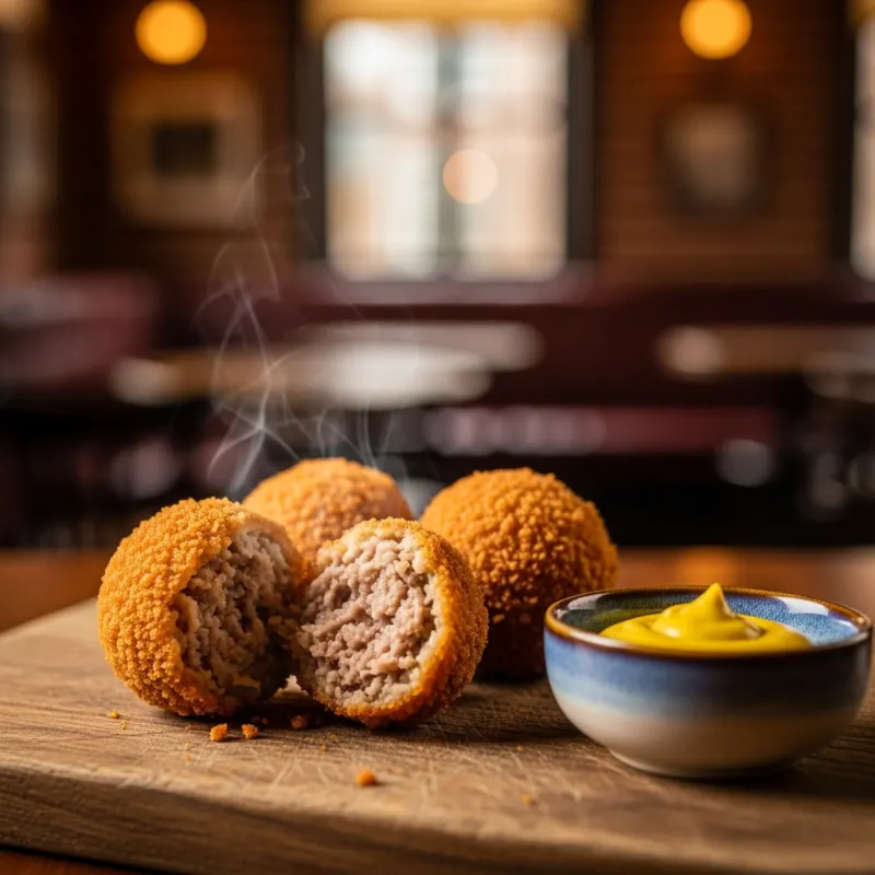 A portion of crispy Dutch Bitterballen served with mustard on a wooden board
