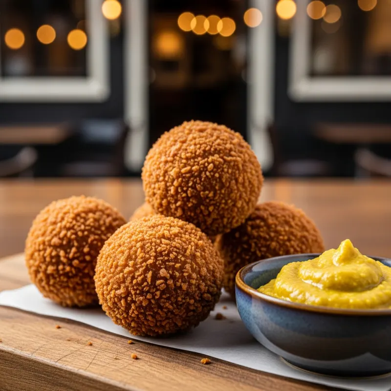 A portion of crispy Dutch Bitterballen with mustard on a wooden board