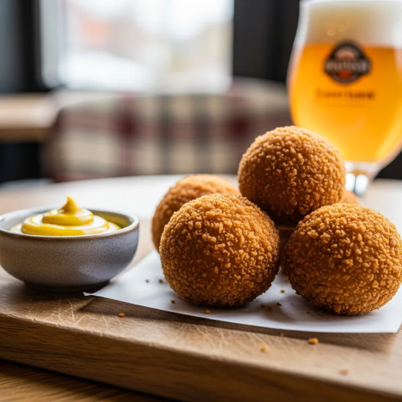 A wooden board serving crispy Dutch Bitterballen with a side of yellow mustard