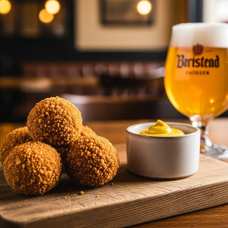 A wooden board serving crispy Dutch Bitterballen with a side of yellow mustard and a glass of beer.