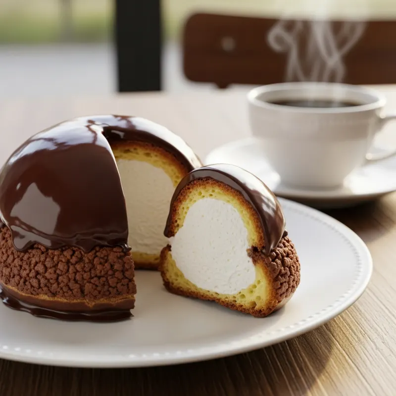 A traditional Bossche Bol pastry filled with whipped cream and coated in dark chocolate