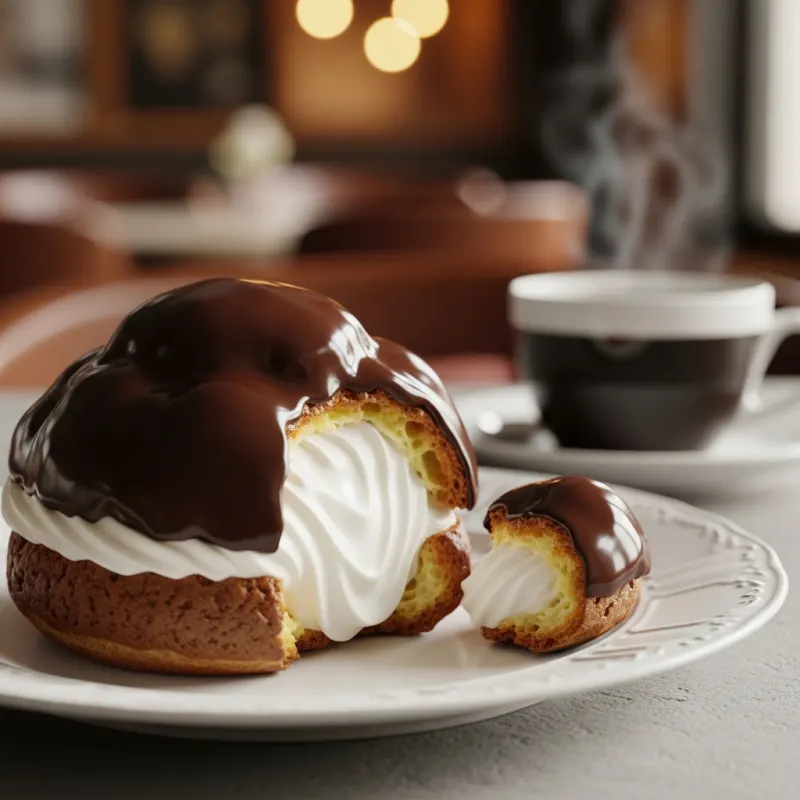 A Bossche Bol pastry covered in dark chocolate with a whipped cream filling