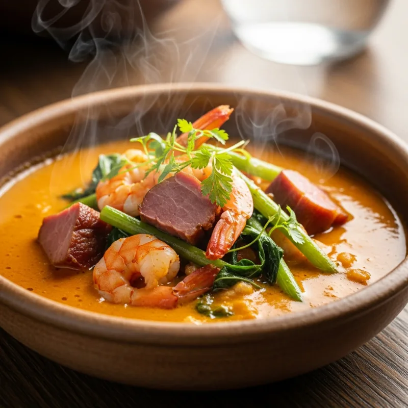 A bowl of Bouillon d'Awara, a traditional Guianese stew with smoked meats and awara palm fruit pulp.