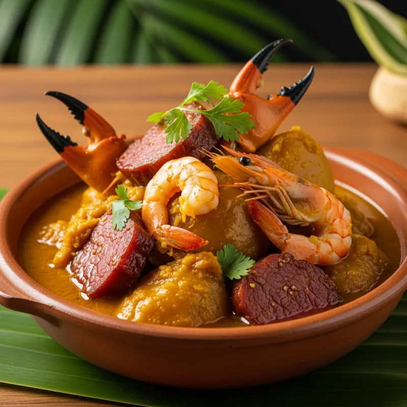 A bowl of Bouillon d'awara, a traditional Guianese palm fruit stew with meats and seafood