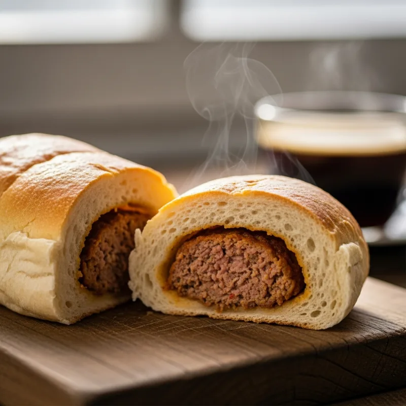 A warm Brabants Worstenbroodje sliced in half on a wooden board