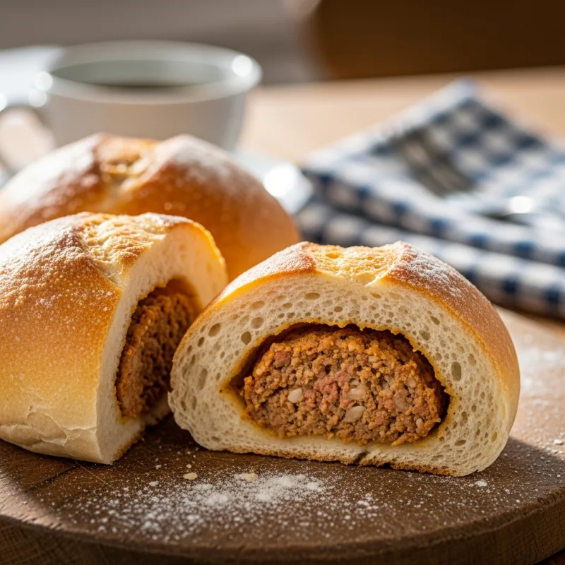 A freshly baked Brabants Worstenbroodje sliced in half on a wooden board