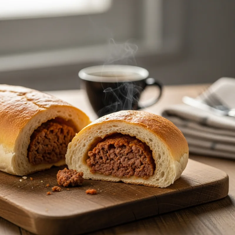 A freshly baked Brabants Worstenbroodje sliced in half on a wooden board.