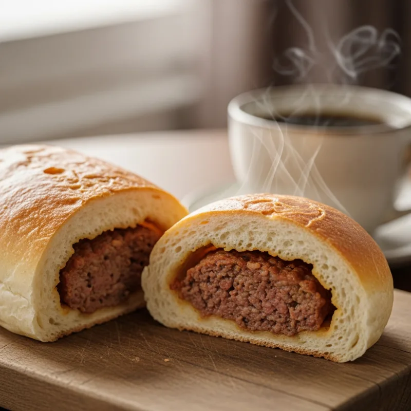 A warm Brabants Worstenbroodje sliced in half on a wooden board