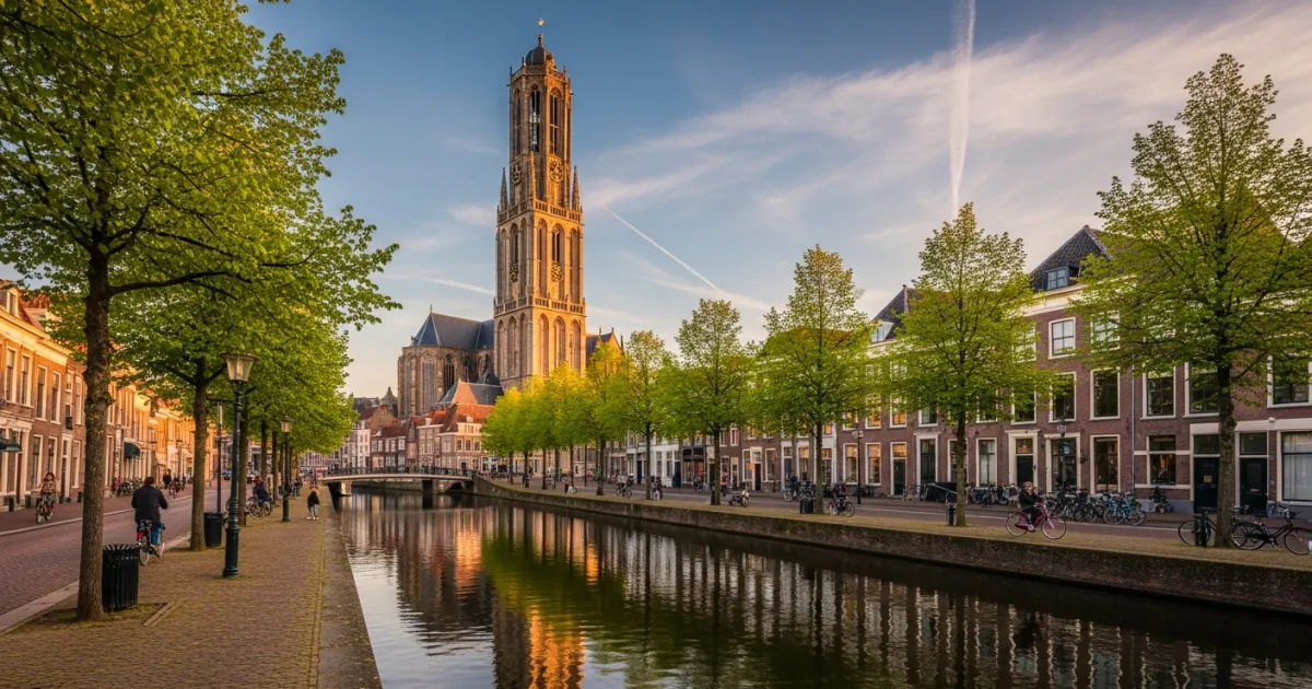 Panoramic view of Breda city center featuring the Grote Kerk and a historic canal