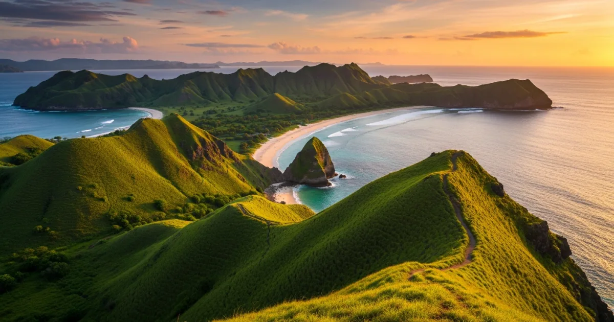 Panoramic sunset view from Bukit Merese overlooking the Indian Ocean and Tanjung Aan Beach