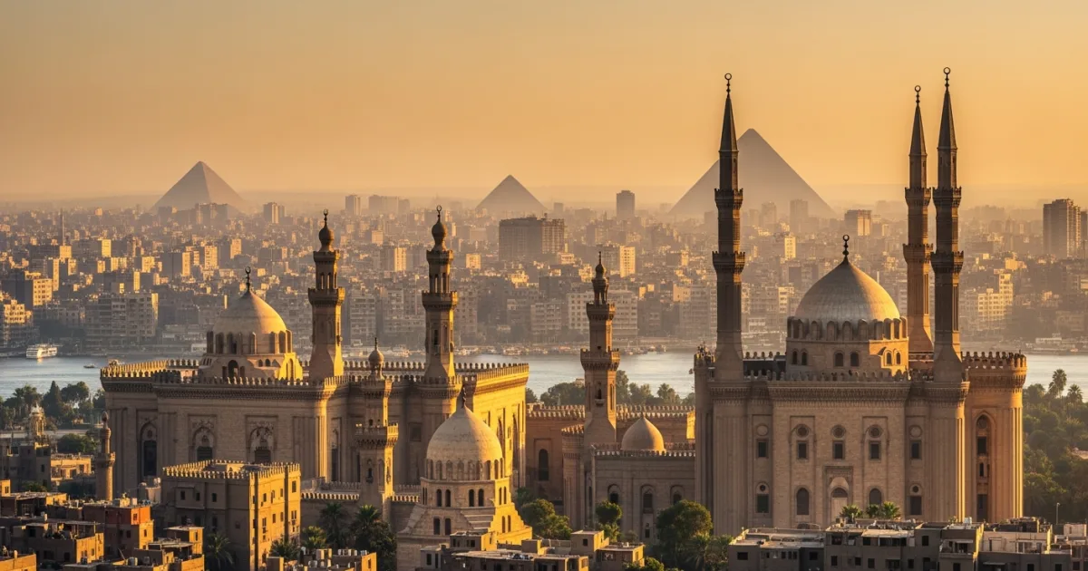 Panoramic view of the Cairo skyline featuring the Saladin Citadel at sunset