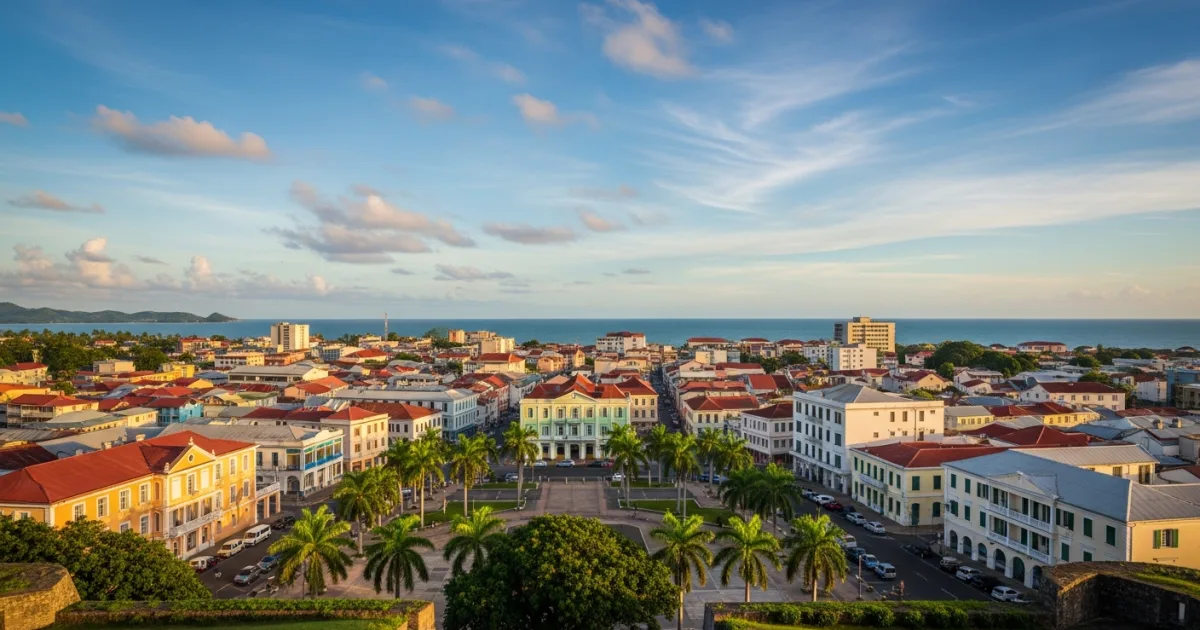 Panoramic view of Cayenne city center and the Atlantic Ocean from Fort Cépérou.