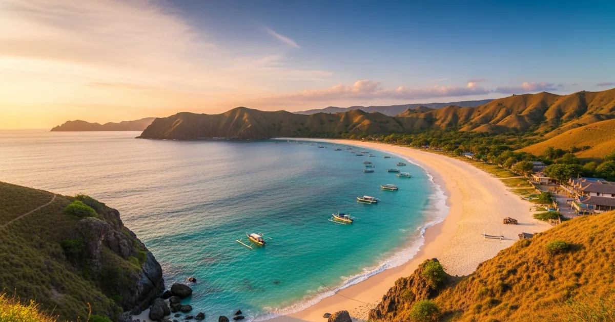 Panoramic view of Tanjung Aan beach in Central Lombok at sunset