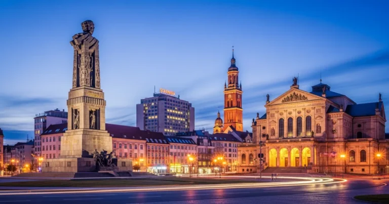 Chemnitz 1 The Karl Marx Monument and Chemnitz city center illuminated at twilight