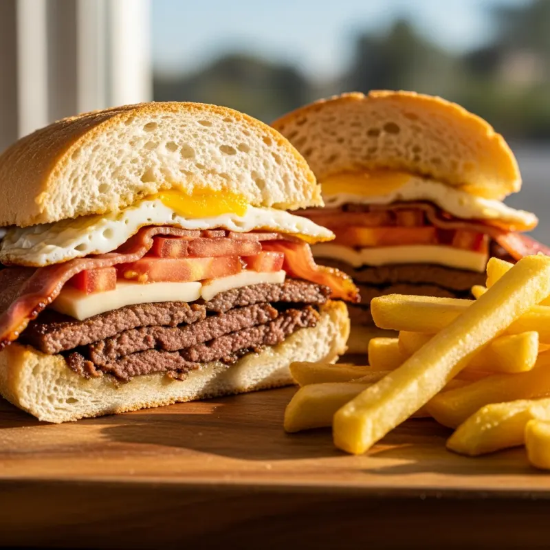 Uruguayan Chivito sandwich with beef, cheese, egg, and fries