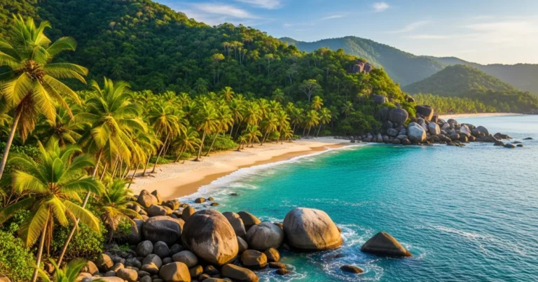 Colombian Caribbean Coast 3 Scenic view of the lush rainforest meeting the turquoise waters and white sand beaches of Tayrona National Park on the Colombian Caribbean Coast.