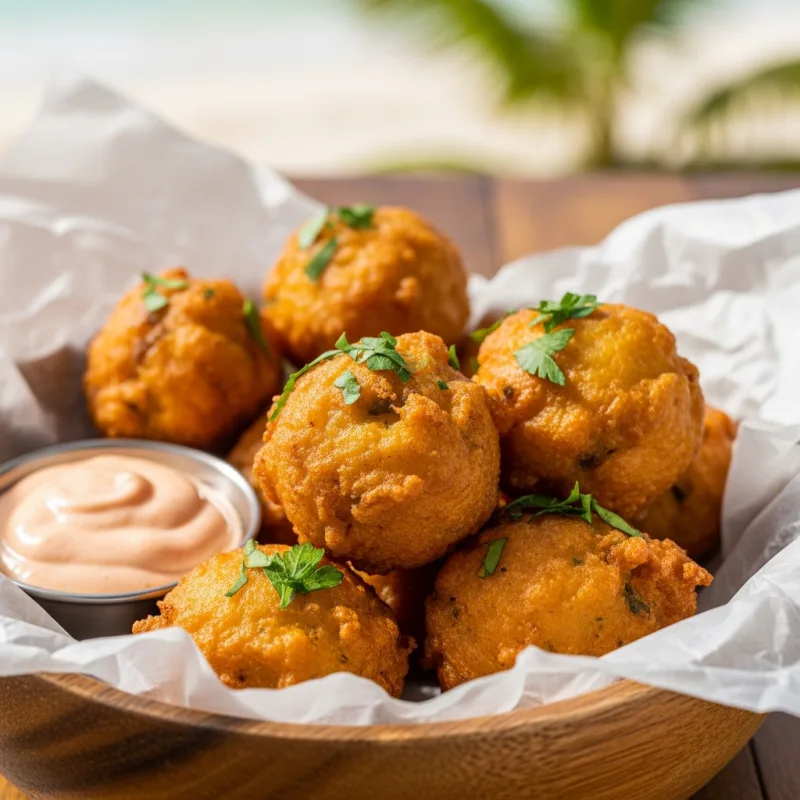 Crispy golden conch fritters in a wooden bowl with dipping sauce