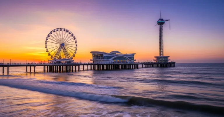 De Pier 4 Wide view of De Pier in Scheveningen extending into the ocean at sunset