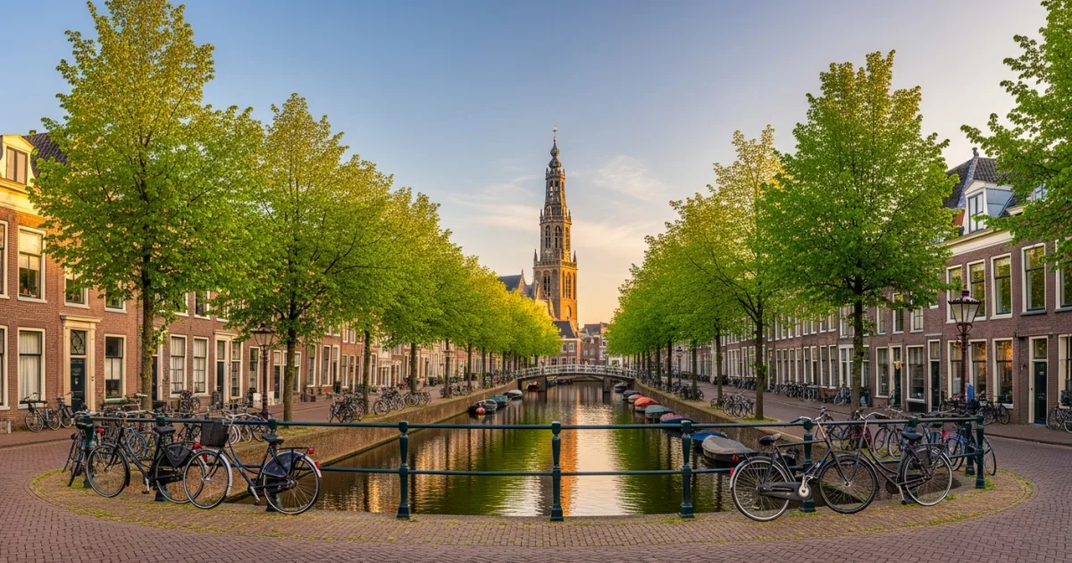 Scenic view of a canal in Delft with historic Dutch houses and the Nieuwe Kerk tower in the background.