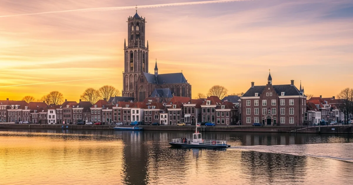 Panoramic view of the Deventer skyline and Lebuinuskerk across the IJssel river at sunset
