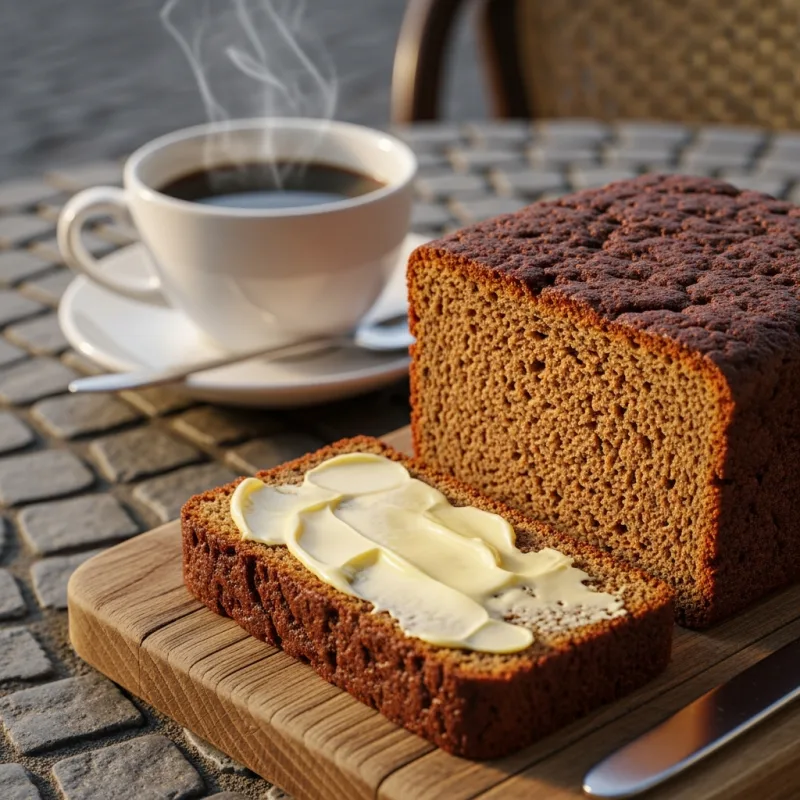 A slice of traditional Deventer Koek with butter and coffee